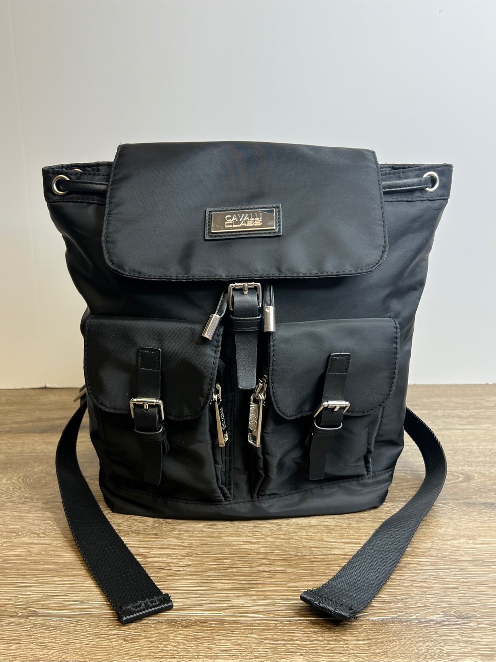 Cavalli Class Black Nylon Backpack | Designer Utility Rucksack | Silver Hardware